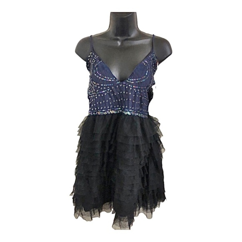 Free People navy blue sequin halter open back black tutu skirt mini dress size M